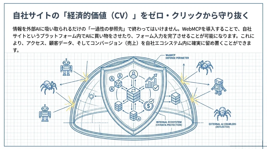 WebMCPの防御境界が外部AIクローラーを遮断し、自社サイトのCVやデータを保護する仕組みを示すシールド図