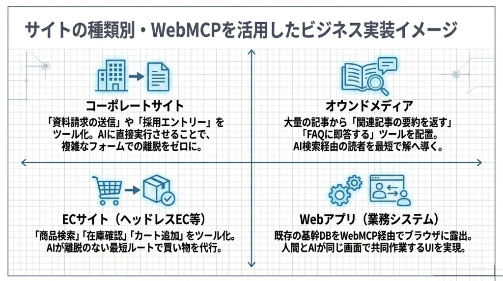 コーポレートサイト・オウンドメディア・ECサイト・WebアプリのWebMCP活用イメージを示す4象限図