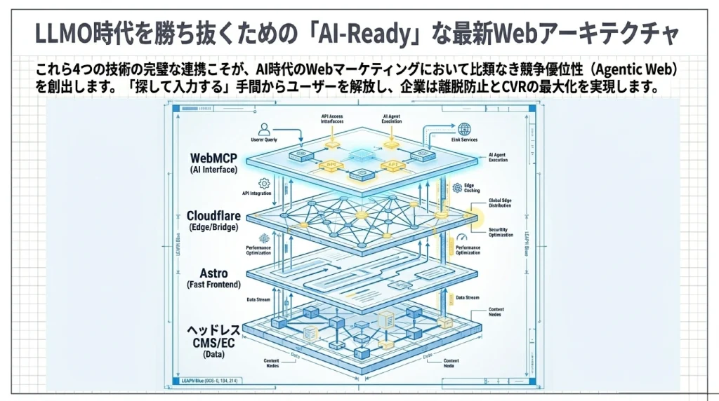 WebMCP・Cloudflare・Astro・ヘッドレスCMS/ECの4層からなるAI-ReadyなWebアーキテクチャ図