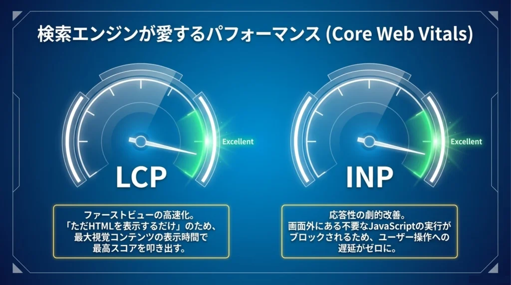 検索エンジンが愛するパフォーマンス(Core Web Vitals)、LCPとINPが共にExcellentスコアを示すメーター画像
