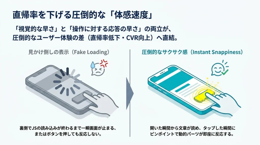直帰率を下げる圧倒的な「体感速度」、見かけ倒しの表示と圧倒的なサクサク感を比較するスマートフォンの図
