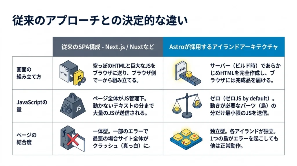 従来のSPA構成(Next.js/Nuxtなど)とAstroが採用するアイランドアーキテクチャの決定的な違いを比較する表