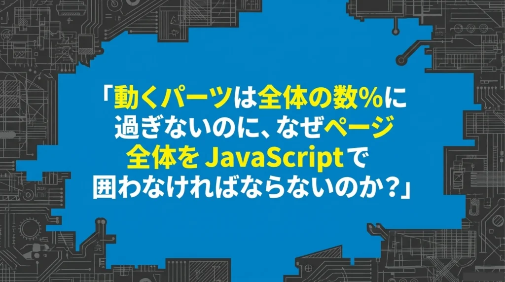「動くパーツは全体の数%に過ぎないのに、なぜページ全体をJavaScriptで囲わなければならないのか」という問いかけのスライド