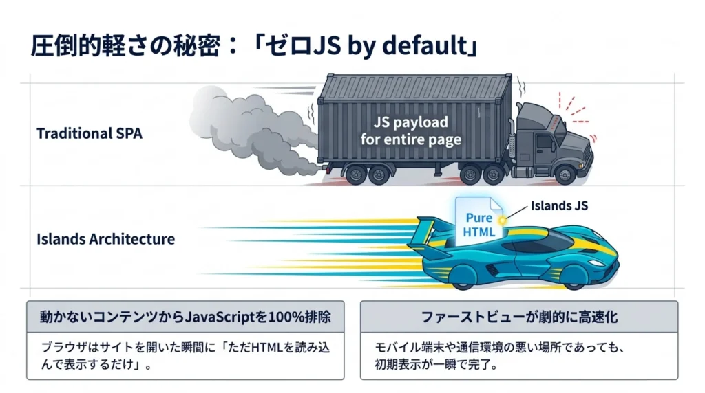 圧倒的軽さの秘密「ゼロJS by default」、従来型SPAの重いJSペイロードとアイランドアーキテクチャの軽快さを対比する図