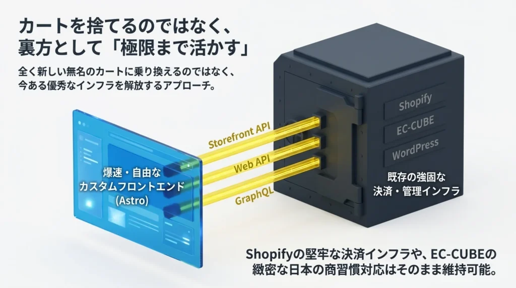 カートを捨てるのではなく裏方として極限まで活かす、Shopify・EC-CUBE・WordPressの既存インフラとAstroフロントエンドをAPI連携する構成図