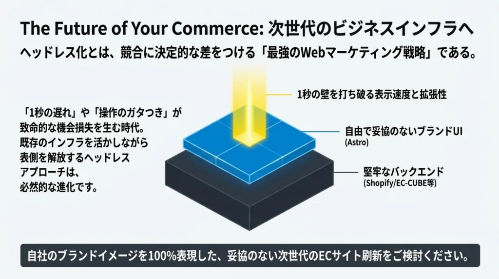 The Future of Your Commerce、次世代のビジネスインフラへ、AstroによるブランドUIとShopify/EC-CUBE等の堅牢なバックエンドを組み合わせた結論スライド