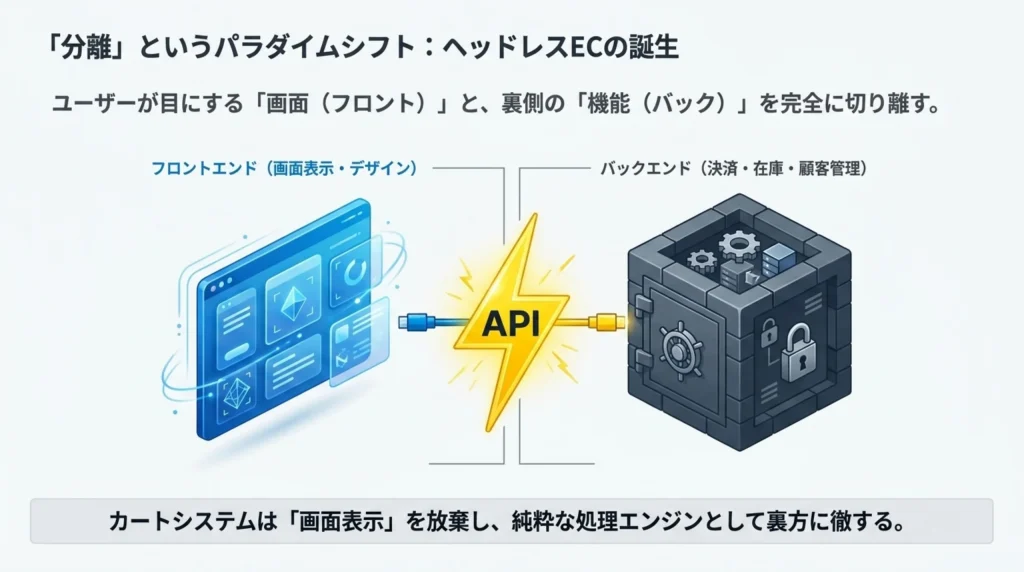「分離」というパラダイムシフト、ヘッドレスECの誕生、フロントエンドとバックエンドをAPIで完全に切り離す仕組みを示す図