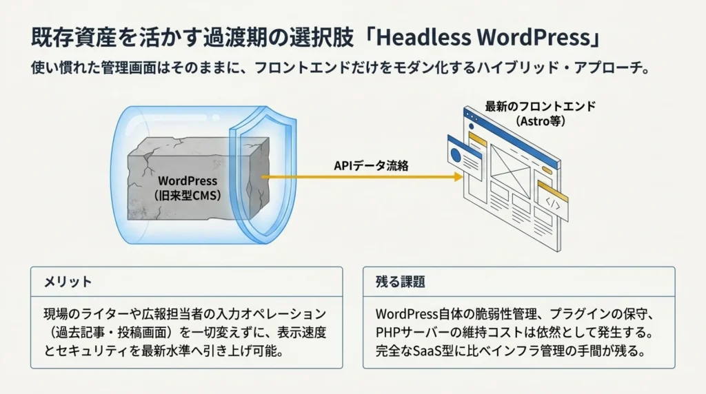 既存資産を活かす過渡期の選択肢「Headless WordPress」、WordPressとAstro等の最新フロントエンドをAPI連携するハイブリッド構成図