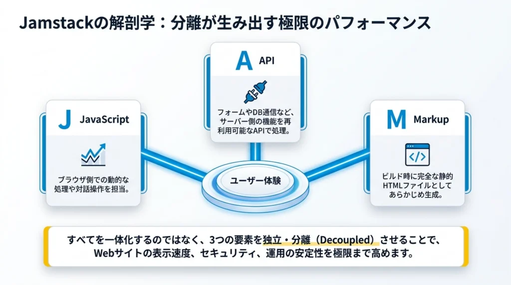Jamstackの解剖学、JavaScript・API・Markupの3要素を独立・分離させてユーザー体験を生み出す構造図