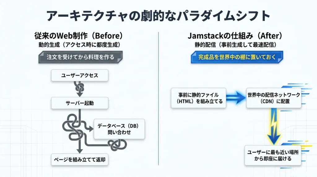 従来のWeb制作(動的生成)とJamstackの仕組み(静的配信)を比較するアーキテクチャのパラダイムシフト図