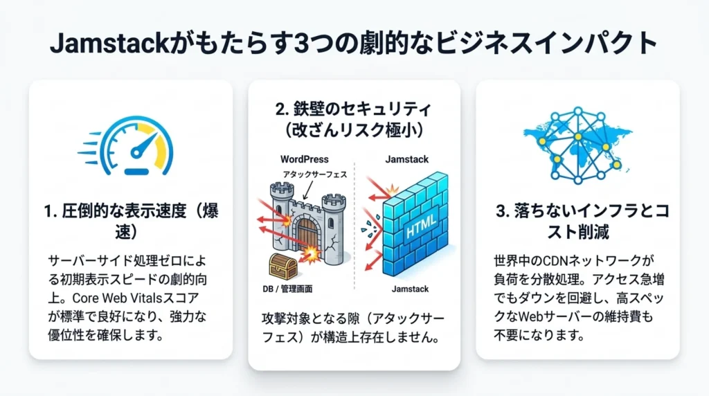 Jamstackがもたらす3つの劇的なビジネスインパクト(表示速度・鉄壁のセキュリティ・落ちないインフラとコスト削減)の説明図