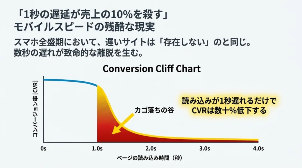 「1秒の遅延が売上の10%を殺す」モバイルスピードの残酷な現実、読み込み時間とコンバージョン率の関係を示すConversion Cliff Chart