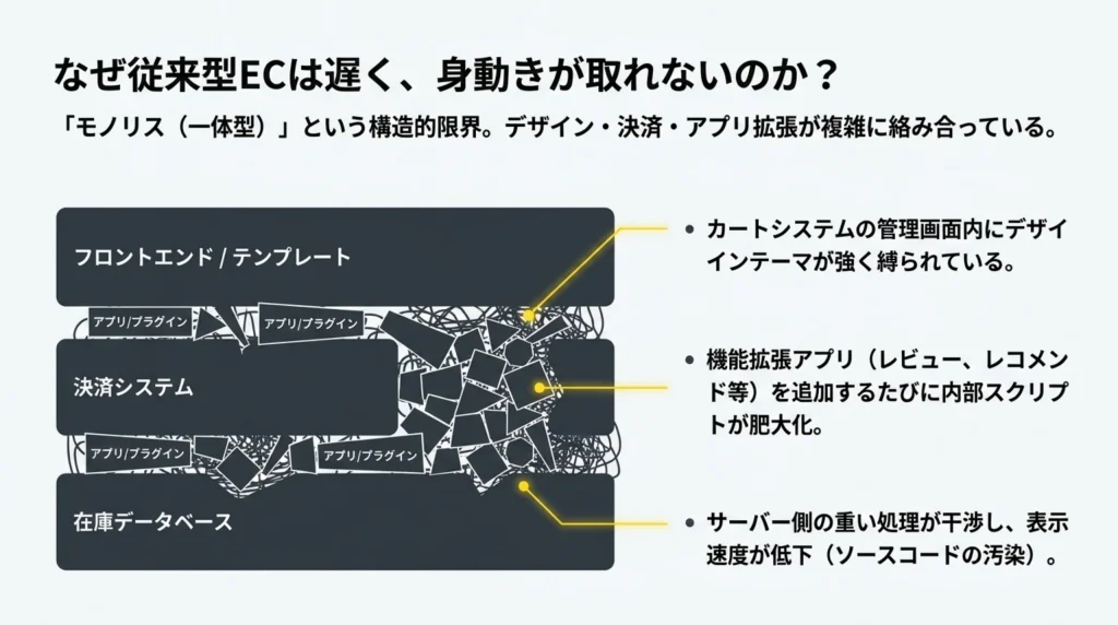 なぜ従来型ECは遅く身動きが取れないのか、モノリス(一体型)構造の限界を示す図