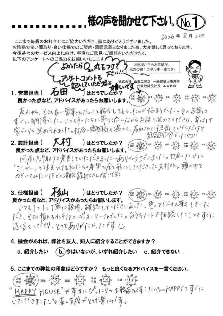 お客様からの手書きのアンケートはがき